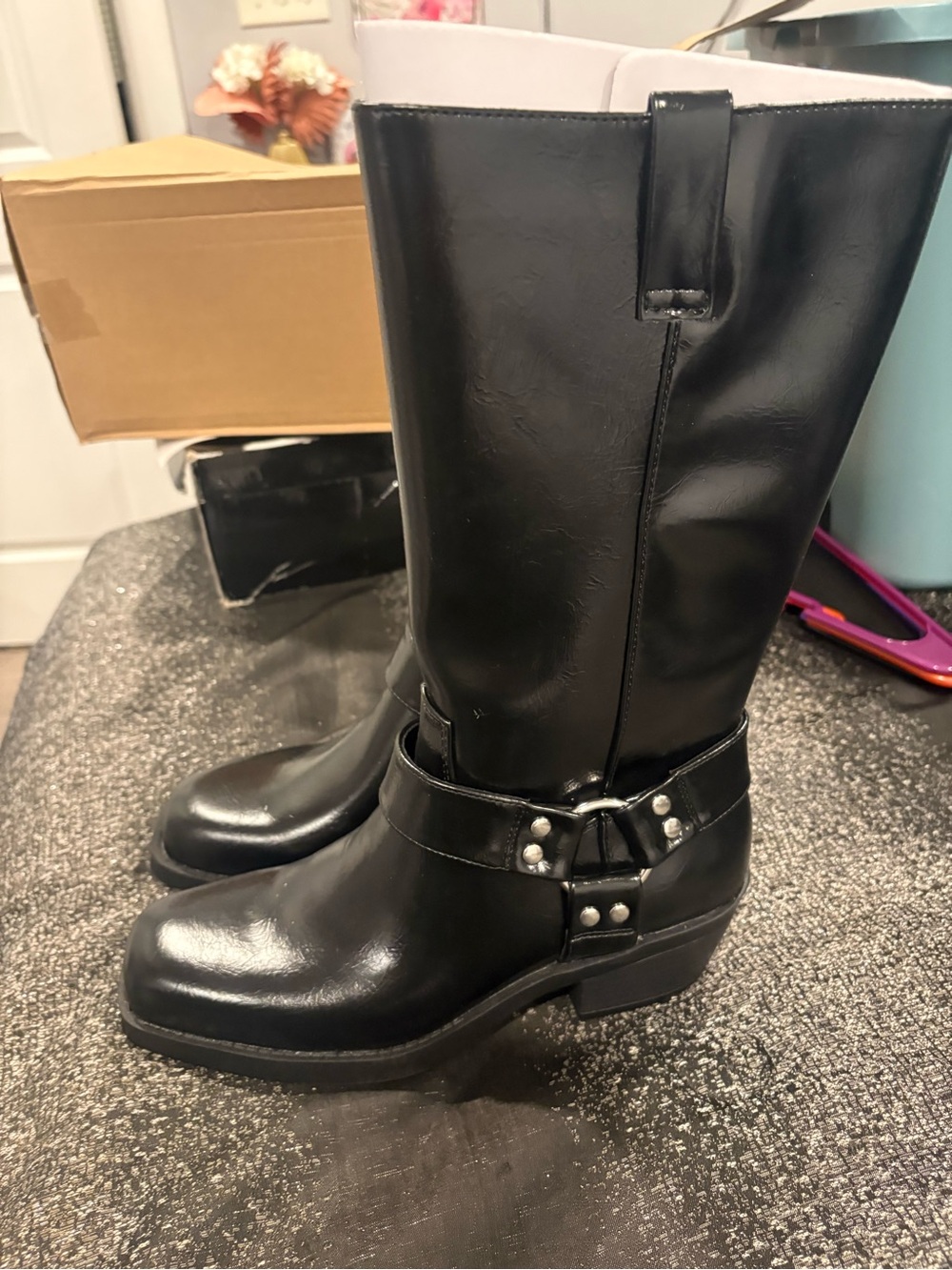 Time and Tru Black Mid-Calf Harness Heeled Boots